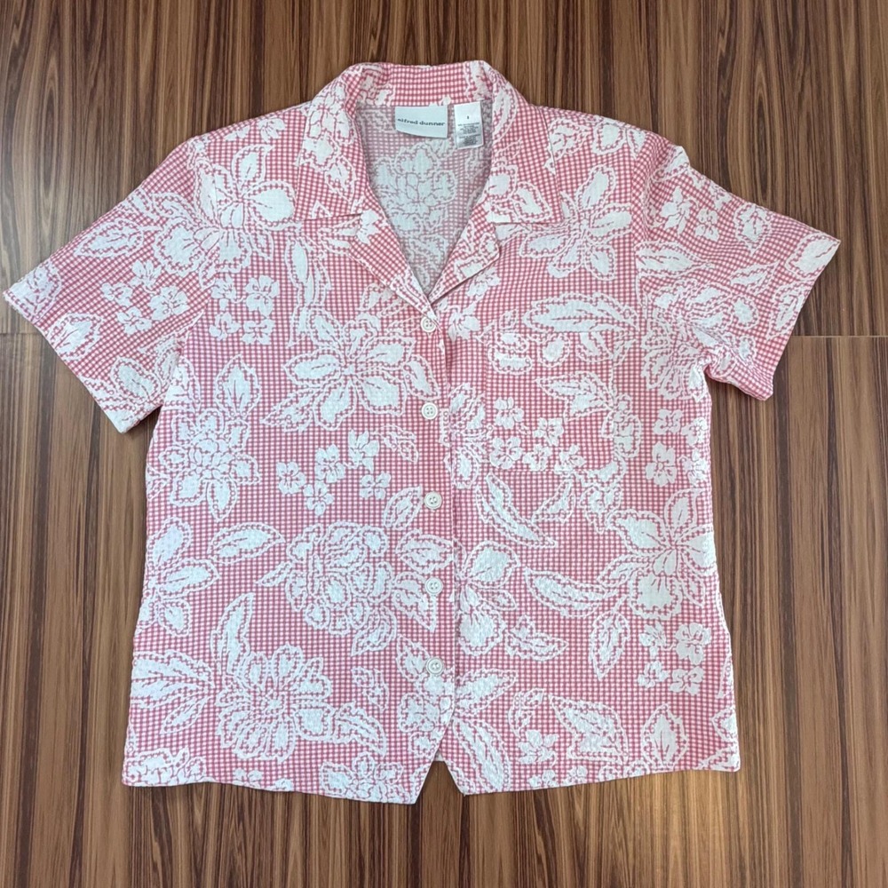 Floral Gingham Button Up Shirt Blouse Pink White Sz 8 Gandmacore Cottagecore